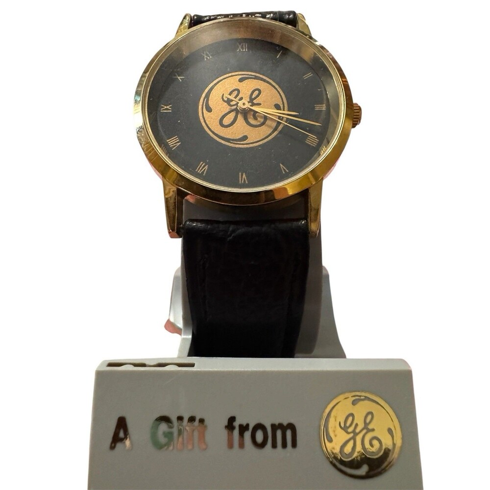 GE Logo Gold Tone Watch With Black Leather Strap New , Needs New Battery